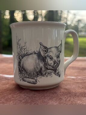 White Ceramic Mug with Detailed Pig Illustration